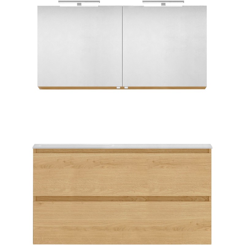 Meuble forme 120 asymétrique gauche 2 tiroirs marbre de synthèse +armoire de toilette coloris chêne nordique