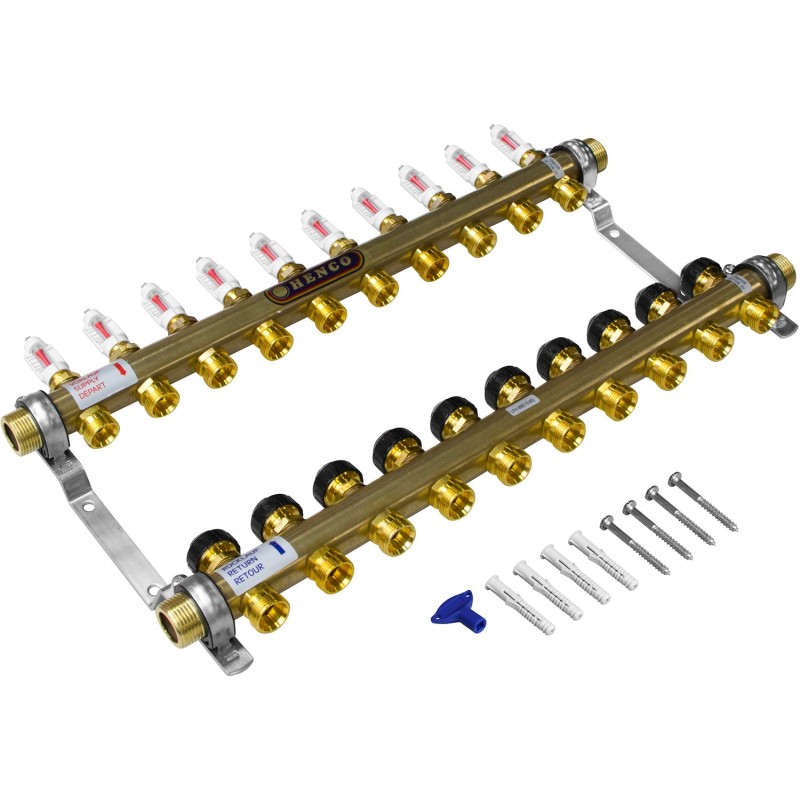 Henco collecteur chauffage sol 4/4"M-10x3/4"EK avec débitmètre