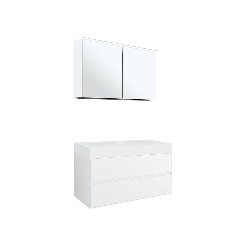 Meuble 2 tiroirs pour tablettete puro 2 lavabos Tenso 120cm coloris blanc avec armoire toilette