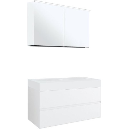 Meuble 2 tiroirs pour tablettete puro 2 lavabos Tenso 120cm coloris blanc avec armoire toilette