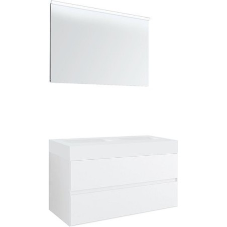 Meuble 2 tiroirs pour tablettete puro 2 lavabos Tenso 120cm coloris blanc avec miroir