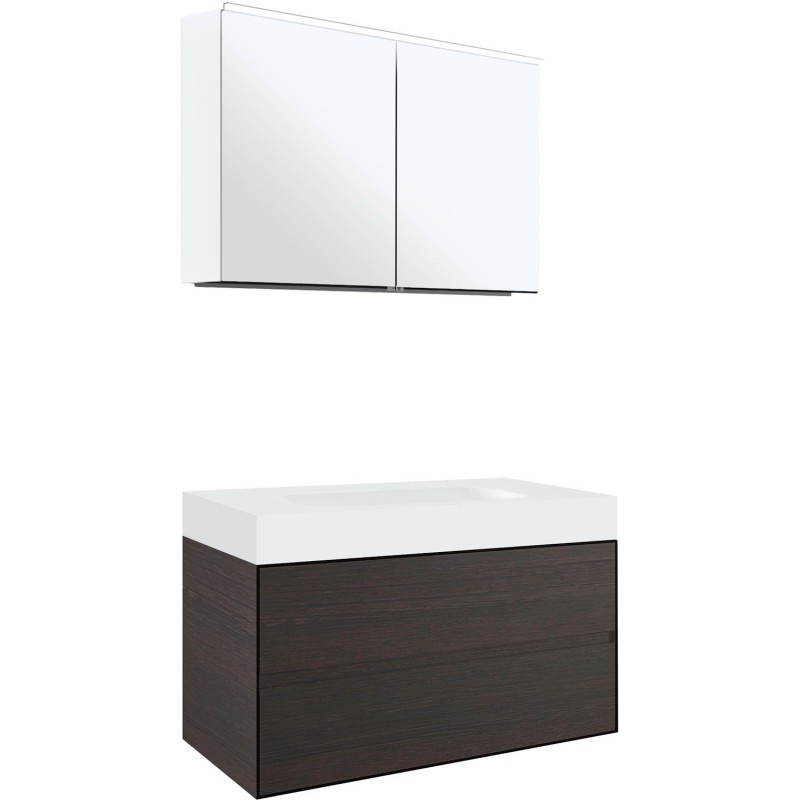 Meuble 2 tiroirs pour tablettete puro lavabo central Tenso 90cm coloris wenge avec armoire toilette