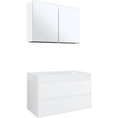 Meuble 2 tiroirs pour tablettete puro lavabo central Tenso 90cm coloris blanc avec armoire toilette