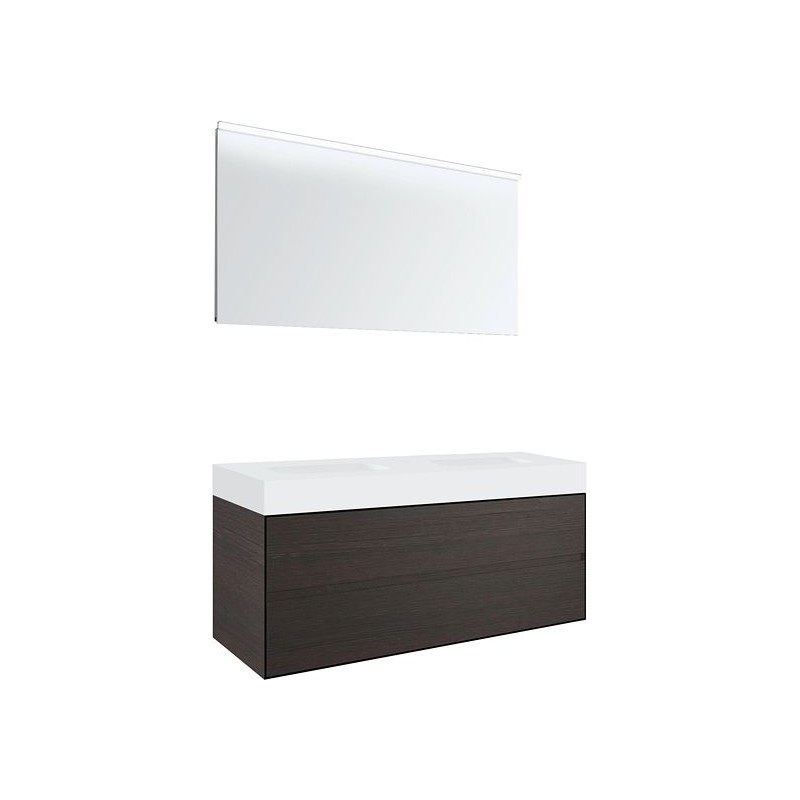 Meuble 2 tiroirs pour tablettete puro 2 lavabos Tenso 140cm coloris wenge avec miroir