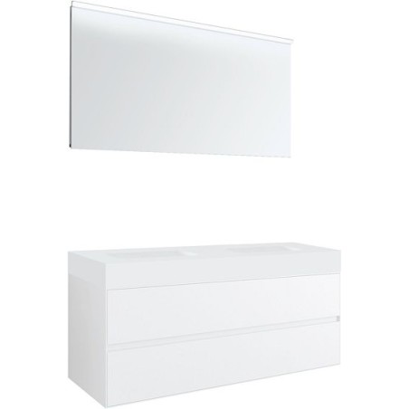 Meuble 2 tiroirs pour tablettete puro 2 lavabos Tenso 140cm coloris blanc avec miroir