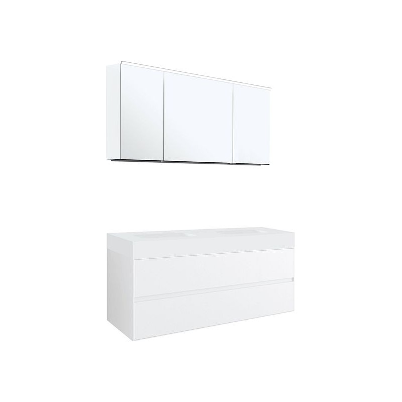 Meuble 2 tiroirs pour tablettete puro 2 lavabos Tenso 140cm coloris blanc avec armoire toilette