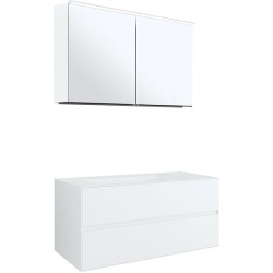 Meuble 2 tiroirs+ lavabo sous encastrer central Tenso 120cm sans trou robinet coloris blanc avec armoire toilette