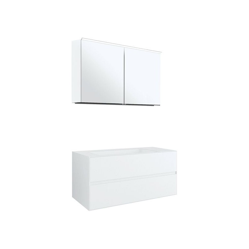 Meuble 2 tiroirs+ lavabo sous encastrer central Tenso 120cm sans trou robinet coloris blanc avec armoire toilette