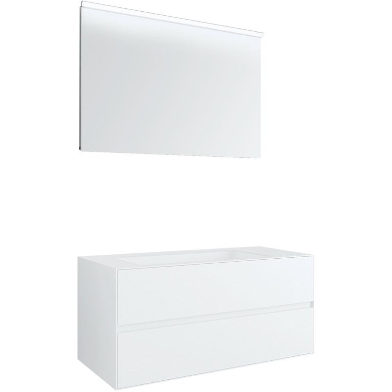 Meuble 2 tiroirs+ lavabo sous encastrer central Tenso 120cm sans trou robinet coloris blanc avec miroir