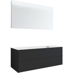 Meuble 2 tiroirs+ tablette pour lavabo à poser droite Tenso 140cm +trou robinet coloris gris avec miroir