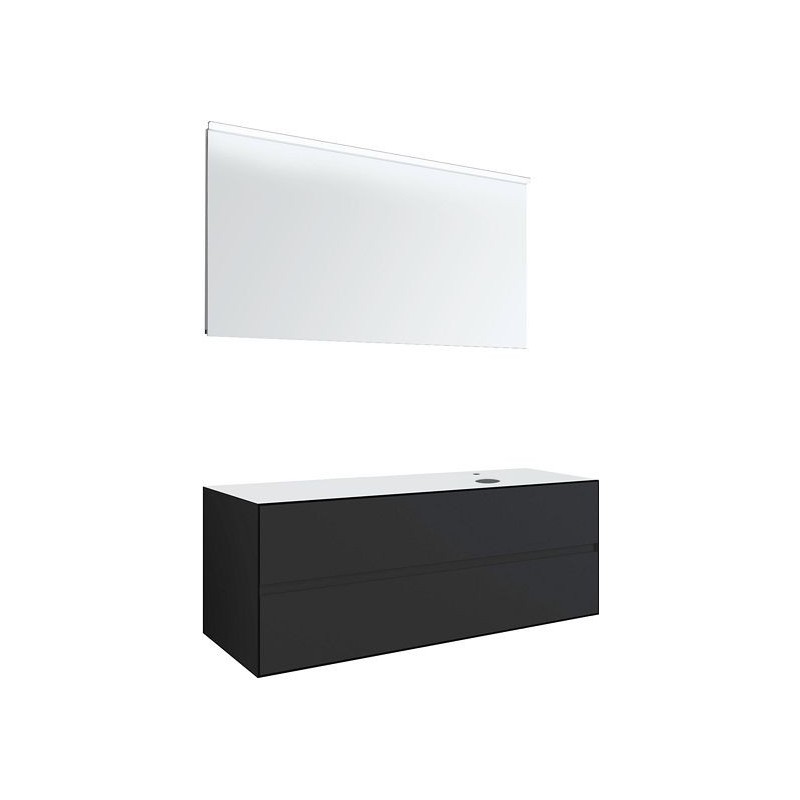 Meuble 2 tiroirs+ tablette pour lavabo à poser droite Tenso 140cm +trou robinet coloris gris avec miroir