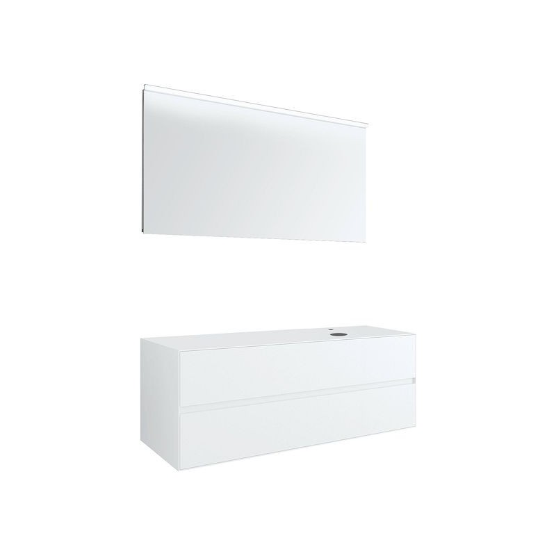 Meuble 2 tiroirs+ tablette pour lavabo à poser droite Tenso 140cm +trou robinet coloris blanc avec miroir