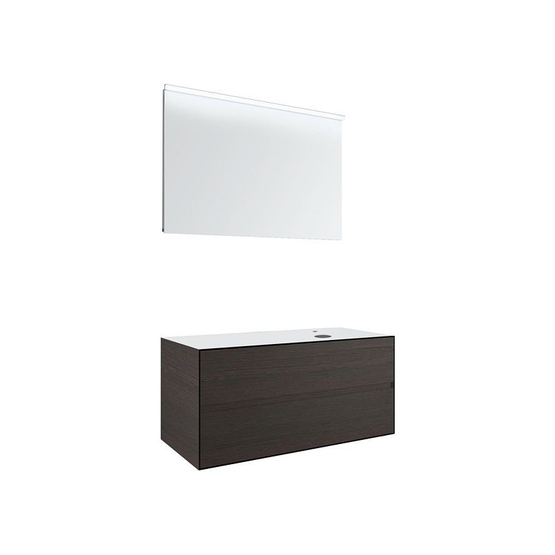 Meuble 2 tiroirs+ tablette pour lavabo à poser droite Tenso 120cm Tenso +trou robinet coloris wenge avec miroir
