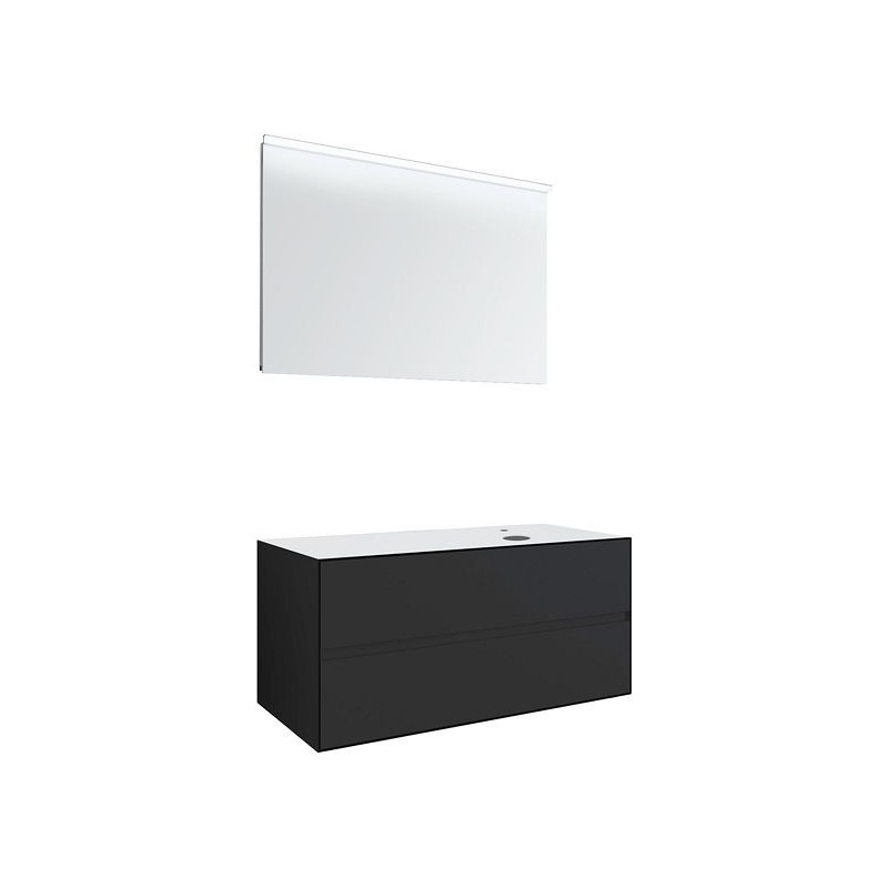 Meuble 2 tiroirs+ tablette pour lavabo à poser droite Tenso 120cm Tenso +trou robinet coloris gris avec miroir