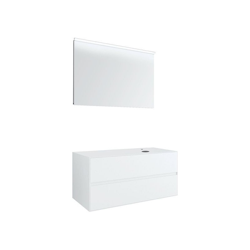 Meuble 2 tiroirs+ tablette pour lavabo à poser droite Tenso 120cm Tenso +trou robinet coloris blanc avec miroir