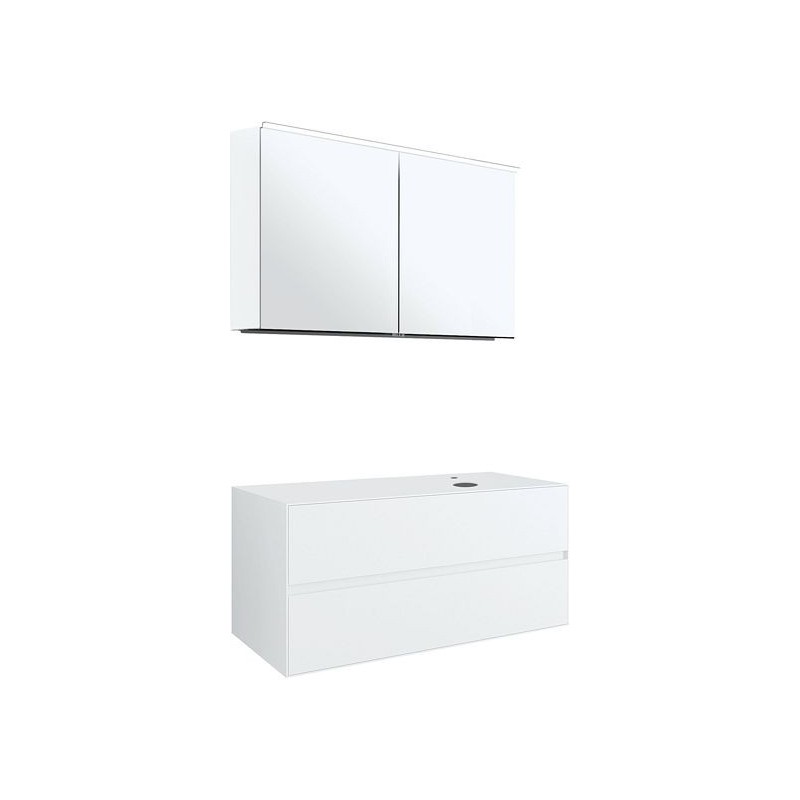 Meuble 2 tiroirs+ tablette pour lavabo à poser droite Tenso 120cm Tenso +trou robinet coloris blanc avec armoire toilette
