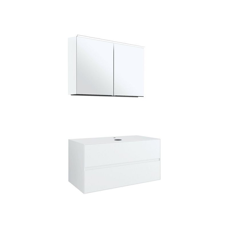 Meuble 2 tiroirs+ tablette pour lavabo à poser central Tenso 90cm Tenso +trou robinet coloris blanc avec armoire toilette