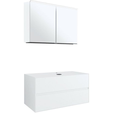 Meuble 2 tiroirs+ tablette pour lavabo à poser central Tenso 90cm Tenso +trou robinet coloris blanc avec armoire toilette