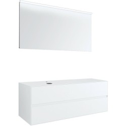 Meuble 2 tiroirs+ tablet pour lavabo a poser gauche tenso 140cm +trou robinet coloris blanc avec miroir