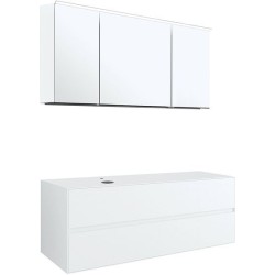 Meuble 2 tiroirs+ tablet pour lavabo a poser gauche tenso 140cm +trou robinet coloris blanc avec armoire toilette