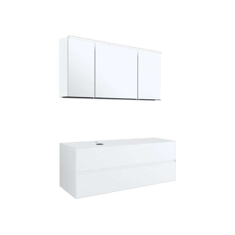 Meuble 2 tiroirs+ tablet pour lavabo a poser gauche tenso 140cm +trou robinet coloris blanc avec armoire toilette