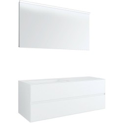 Meuble 2 tiroirs+ lavabo sous encastrer gauche Tenso 140cm sans trou robinet coloris blanc avec miroir