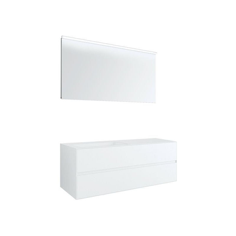 Meuble 2 tiroirs+ lavabo sous encastrer gauche Tenso 140cm sans trou robinet coloris blanc avec miroir