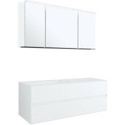 Meuble 2 tiroirs+ lavabo sous encastrer gauche Tenso 140cm sans trou robinet coloris blanc avec armoire toilette.