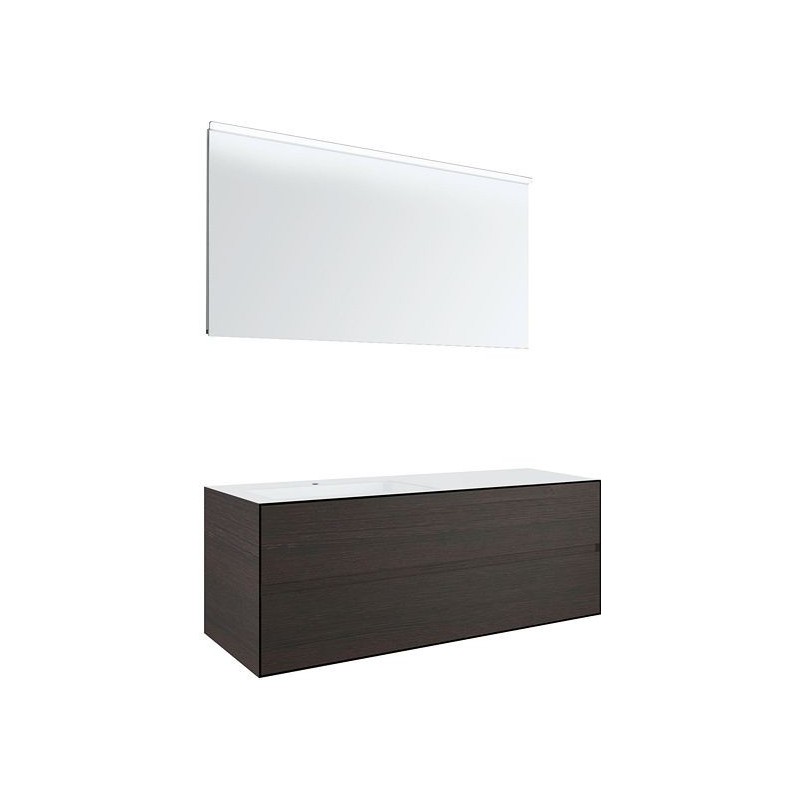 Meuble 2 tiroirs+ lavabo sous encastrer gauche Tenso 140cm +trou robinet coloris wenge avec miroir