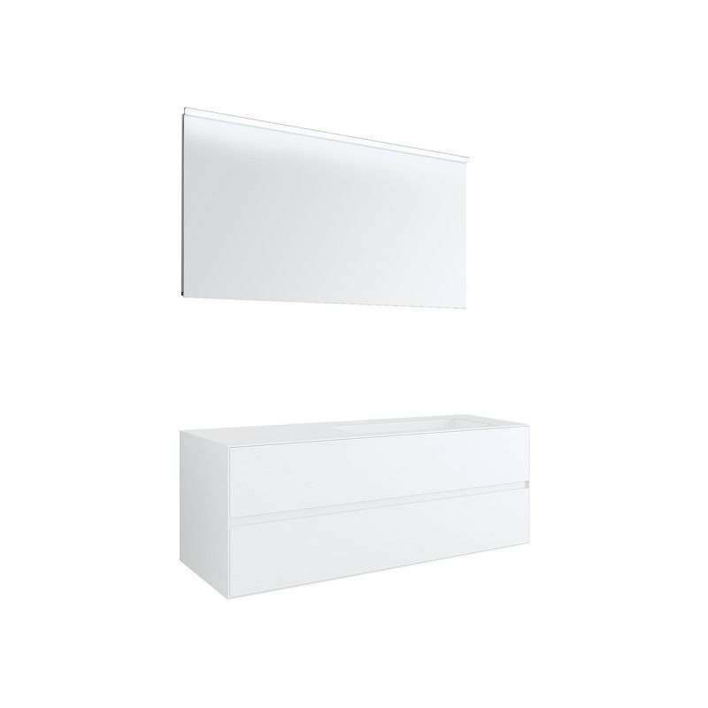 Meuble 2 tiroirs+ lavabo sous encastrer droite Tenso 140cm sans trou robinet coloris blanc avec miroir