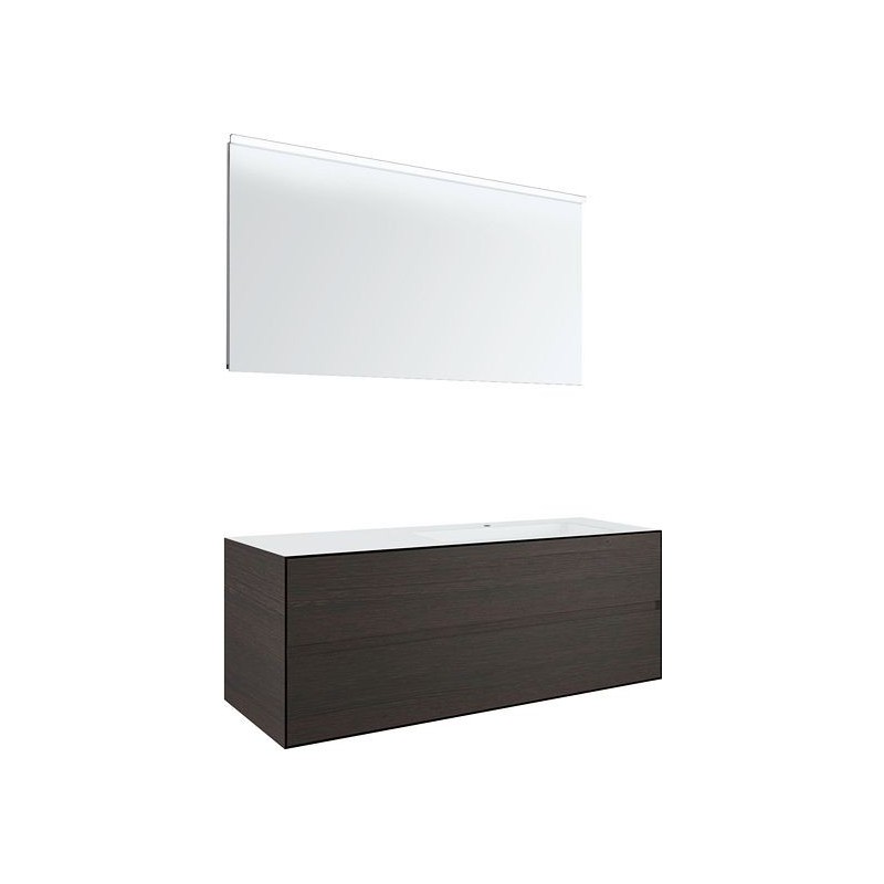 Meuble 2 tiroirs+ lavabo sous encastrer droite Tenso 140cm +trou robinet coloris wenge avec miroir