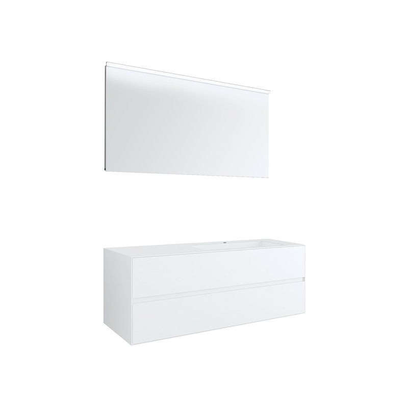 Meuble 2 tiroirs+ lavabo sous encastrer droite Tenso 140cm +trou robinet coloris blanc avec miroir