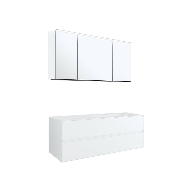 Meuble 2 tiroirs+ lavabo sous encastrer droite Tenso 140cm +trou robinet coloris blanc avec armoire toilette
