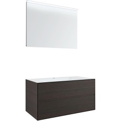 Meuble 2 tiroirs+ lavabo sous encastrer central Tenso 90cm +trou robinet coloris wenge avec miroir