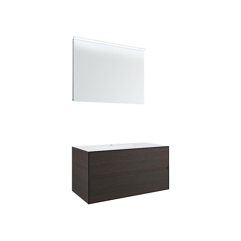 Meuble 2 tiroirs+ lavabo sous encastrer central Tenso 90cm +trou robinet coloris wenge avec miroir