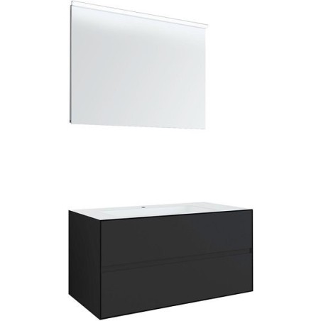 Meuble 2 tiroirs+ lavabo sous encastrer central Tenso 90cm +trou robinet coloris gris avec miroir