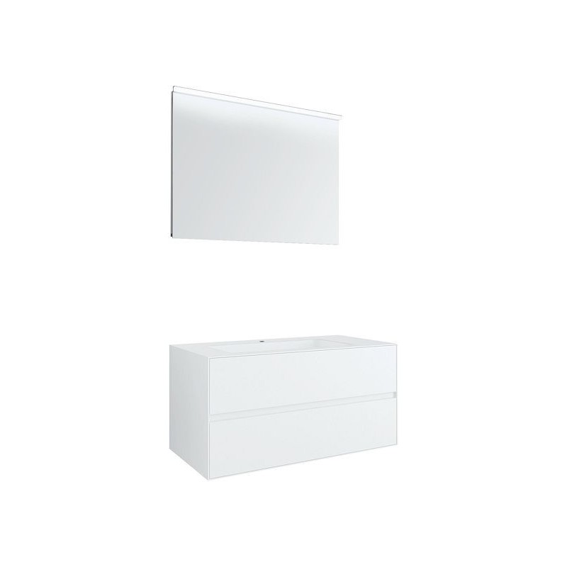 Meuble 2 tiroirs+ lavabo sous encastrer central Tenso 90cm +trou robinet coloris blanc avec miroir