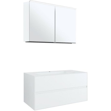 Meuble 2 tiroirs+ lavabo sous encastrer central Tenso 90cm +trou robinet coloris blanc avec armoire toilette