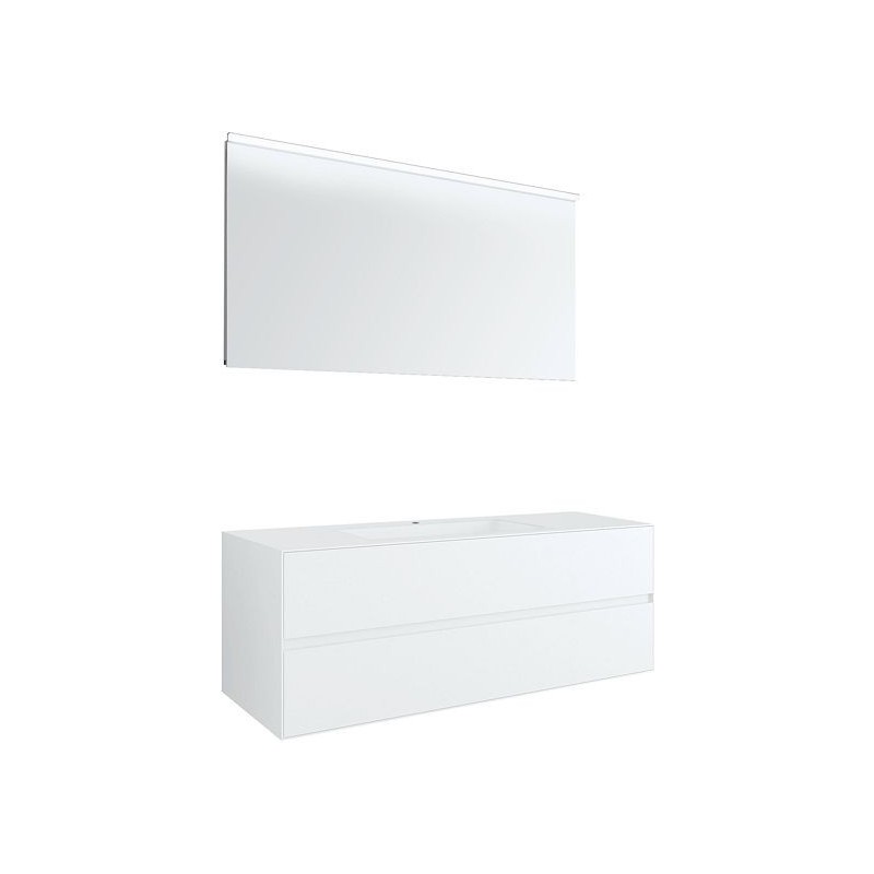 Meuble 2 tiroirs+ lavabo sous encastrer central tenso 140cm +trou robinet blanc avec miroir