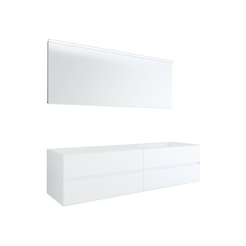 Meuble 4 tiroirs+ lavabo sous encastrer droite Tenso 180cm sans trou robinet coloris blanc avec miroir