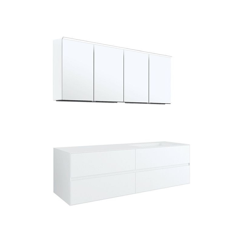 Meuble 4 tiroirs+ lavabo sous encastrer droite Tenso 160cm sans trou robinet coloris blanc avec armoire toilette