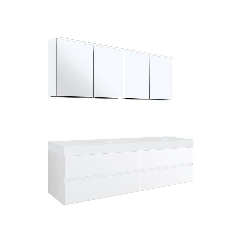 Meuble 4 tiroirs pour tablette Puro 2 lavabo Tenso 180cm coloris blanc avec armoire toilette