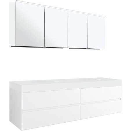 Meuble 4 tiroirs pour tablette Puro 2 lavabo Tenso 180cm coloris blanc avec armoire toilette