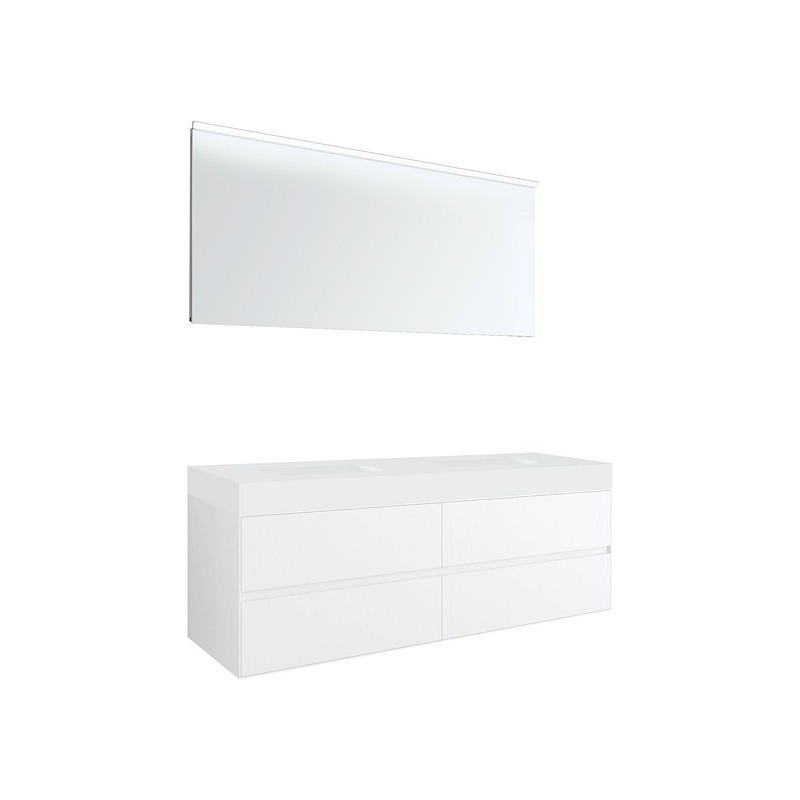 Meuble 4 tiroirs pour tablette Puro 2 lavabo Tenso 160cm coloris blanc avec miroir