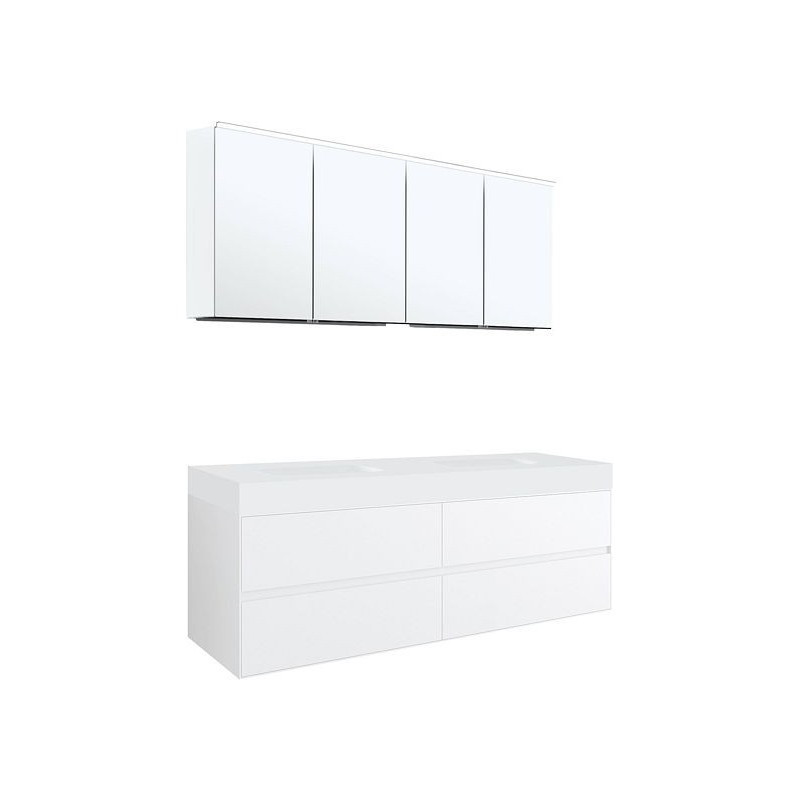 Meuble 4 tiroirs pour tablette Puro 2 lavabo Tenso 160cm coloris blanc avec armoire toilette