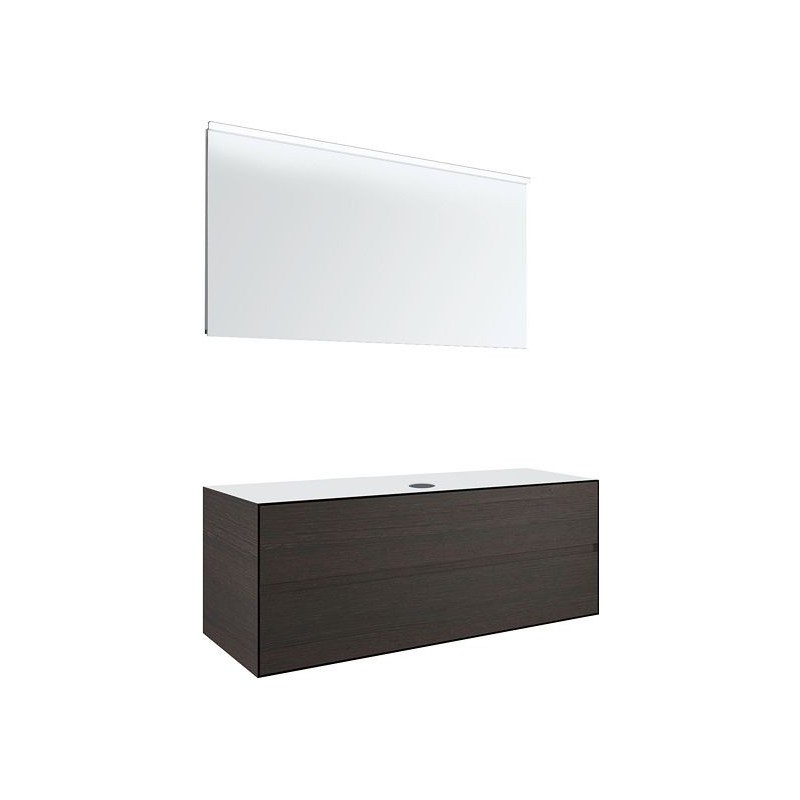 Meuble 2 tiroirs+ tablettete pour lavabo à poser central Tenso 140cm sans trou robinet coloris wenge avec miroir