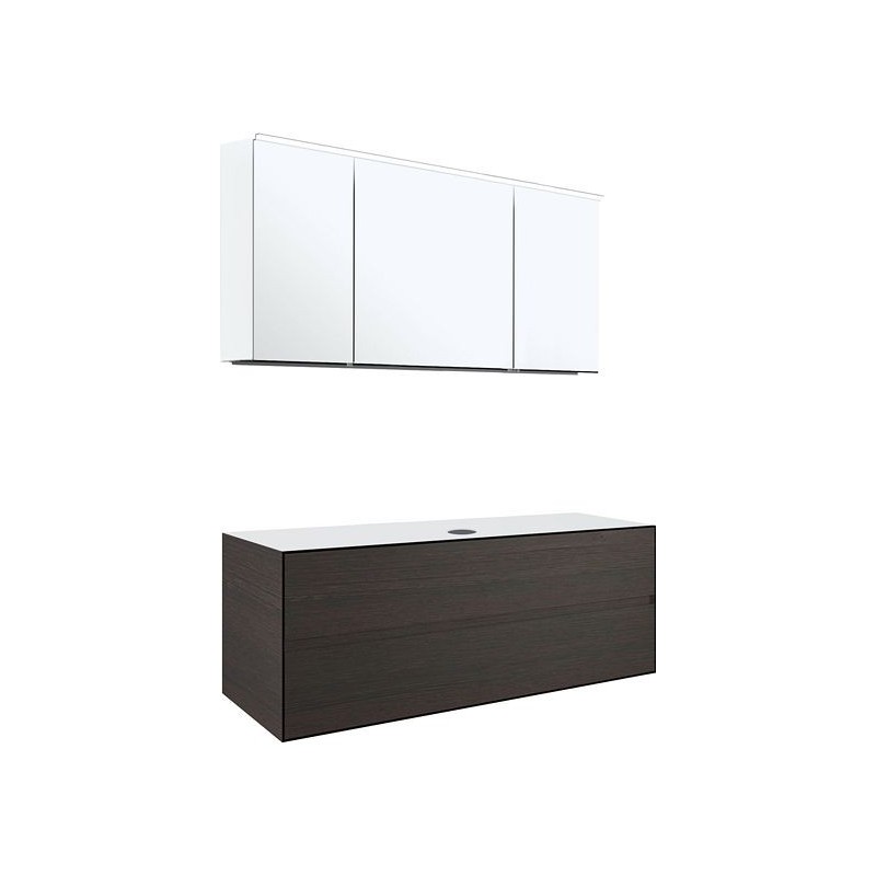 Meuble 2 tiroirs+ tablettete pour lavabo à poser central Tenso 140cm sans trou robinet coloris wenge avec armoire toilette.