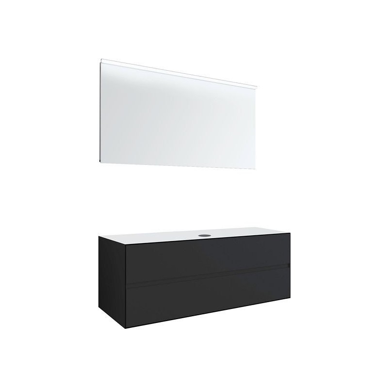 Meuble 2 tiroirs+ tablettete pour lavabo à poser central Tenso 140cm sans trou robinet coloris gris avec miroir