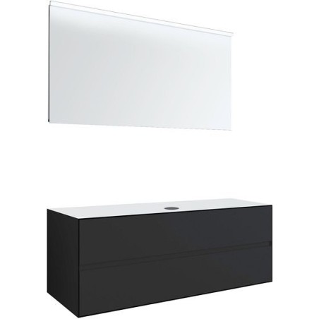 Meuble 2 tiroirs+ tablettete pour lavabo à poser central Tenso 140cm sans trou robinet coloris gris avec miroir