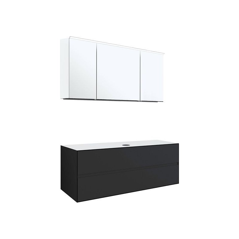 Meuble 2 tiroirs+ tablettete pour lavabo à poser central Tenso 140cm sans trou robinet coloris gris avec armoire toilette.